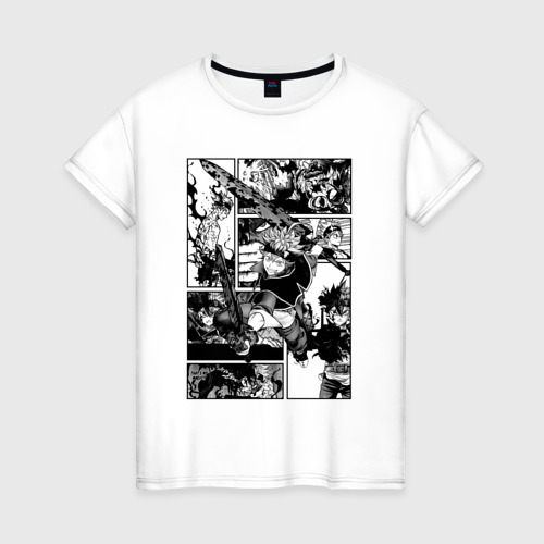 Женская футболка из хлопка с принтом Аста Черный Клевер Панели Манги, вид спереди №1