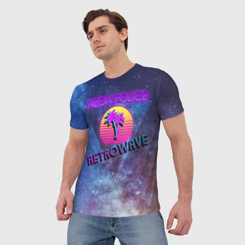 Мужская футболка 3D с принтом Neon Police Retrowave, фото на моделе #1