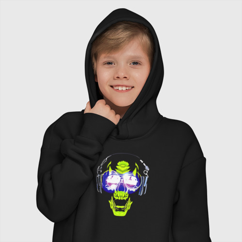 Детское худи Oversize хлопок Neon skull - music lover, цвет черный - фото 12