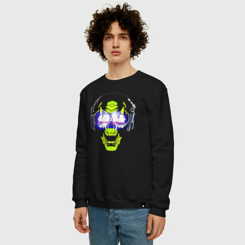 Мужской свитшот хлопок Neon skull - music lover, цвет черный - фото 3