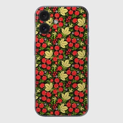 Чехол для iPhone 16 силиконовый с защитой камеры Черешни хохлома