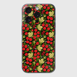 Чехол для iPhone 15 Pro Max силиконовый с защитой камеры Черешни хохлома