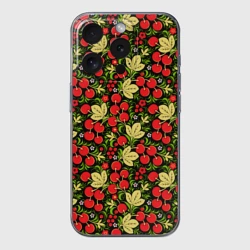 Чехол для iPhone 15 Pro силиконовый с защитой камеры Черешни хохлома