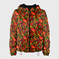 Женская куртка 3D Желтые и красные цветы, птицы и ягоды хохлома