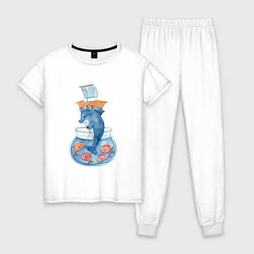Женская пижама хлопок с принтом Дельфин с морскими рыбками, вид спереди #2