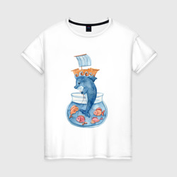Женская футболка хлопок Дельфин с морскими рыбками