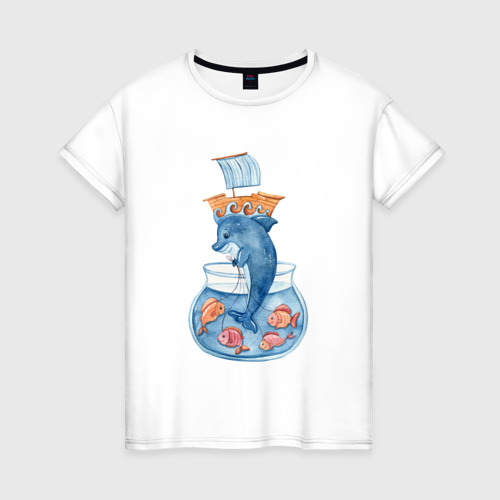 Женская футболка из хлопка с принтом Дельфин с морскими рыбками, вид спереди №1