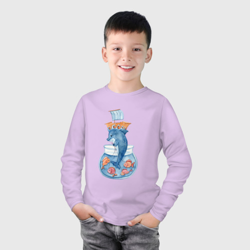 Детский лонгслив хлопок с принтом Дельфин с морскими рыбками, фото на моделе #1