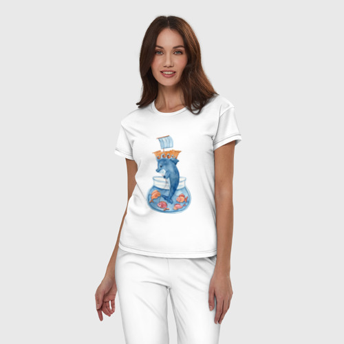 Женская пижама хлопок с принтом Дельфин с морскими рыбками, фото на моделе #1