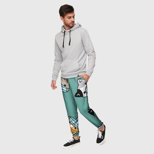 Мужские брюки 3D с принтом Котейки в масках, фото на моделе #1