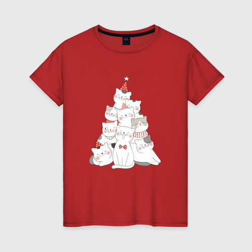 Женская футболка хлопок Котоёлка новый год, цвет красный