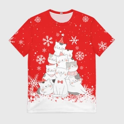 Мужская футболка 3D Котоёлка на новый год