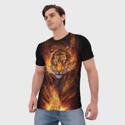 Футболка с принтом Огненный тигр Сила огня для мужчины, вид на модели спереди №2. Цвет основы: белый