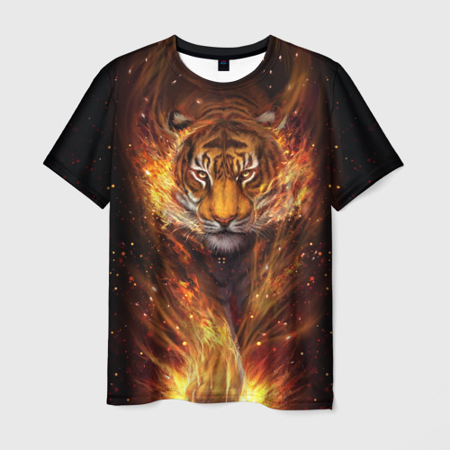 Мужская футболка с принтом Огненный тигр Сила огня, вид спереди №1
