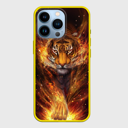 Чехол для iPhone 13 Pro Огненный тигр / Сила огня, цвет желтый