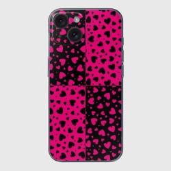 Чехол для iPhone 15 силиконовый с защитой камеры Черно-Розовые сердца