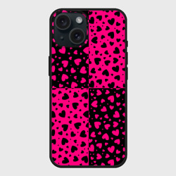 Чехол силиконовый для Apple iPhone 15 матовый Черно-Розовые сердца