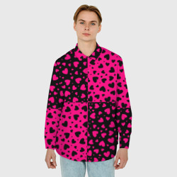 Мужская рубашка oversize 3D Черно-Розовые сердца - фото 2