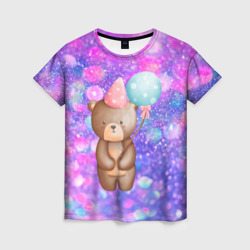 Женская футболка 3D День Рождения - Медвежонок с шариками