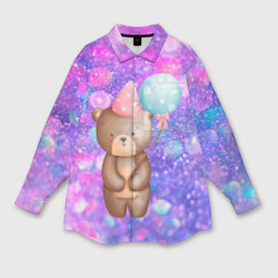 Женская рубашка oversize 3D День Рождения - Медвежонок с шариками