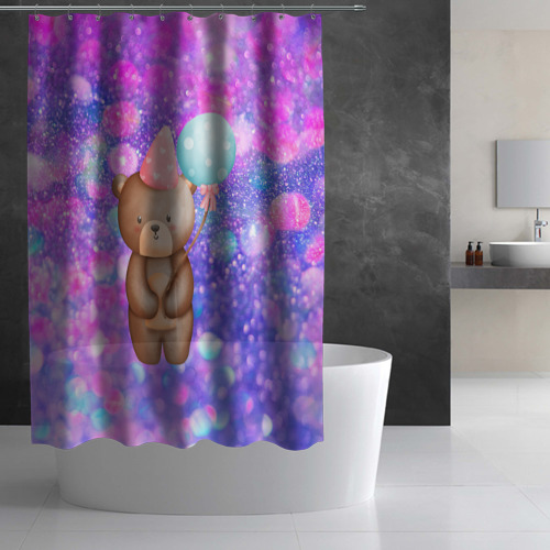 Штора 3D для ванной День Рождения - Медвежонок с шариками - фото 3