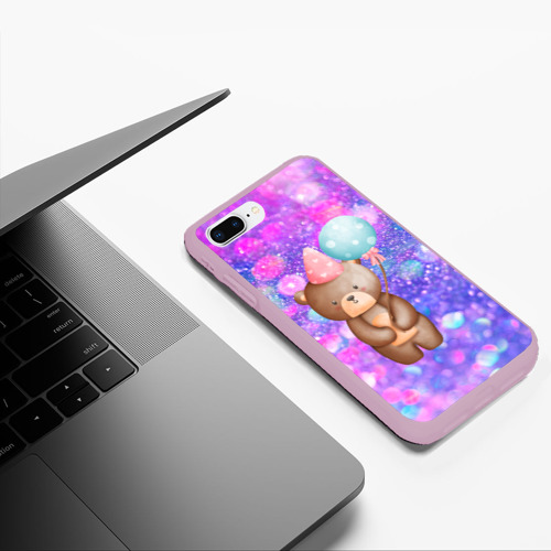 Чехол для iPhone 7Plus/8 Plus матовый День Рождения - Медвежонок с шариками, цвет розовый - фото 5