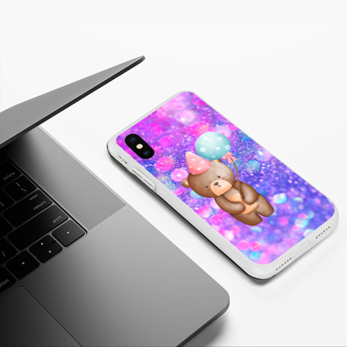 Чехол для iPhone XS Max матовый День Рождения - Медвежонок с шариками, цвет белый - фото 5