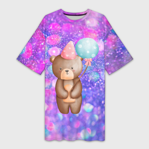 Платье-футболка 3D День Рождения - Медвежонок с шариками, цвет 3D печать