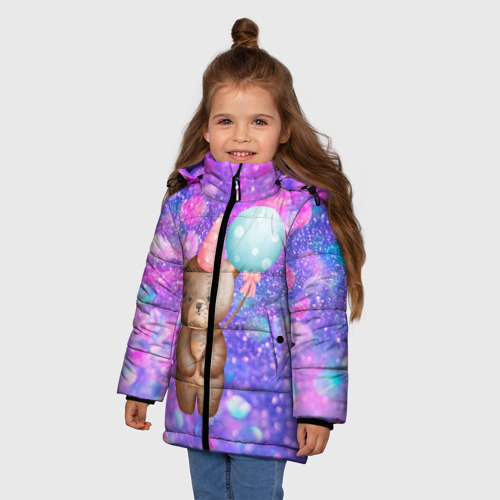 Зимняя куртка для девочек 3D День Рождения - Медвежонок с шариками, цвет черный - фото 3