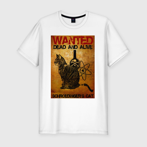 Мужская приталенная футболка из хлопка с принтом Разыскивается кот Шрёдингера, вид спереди №1