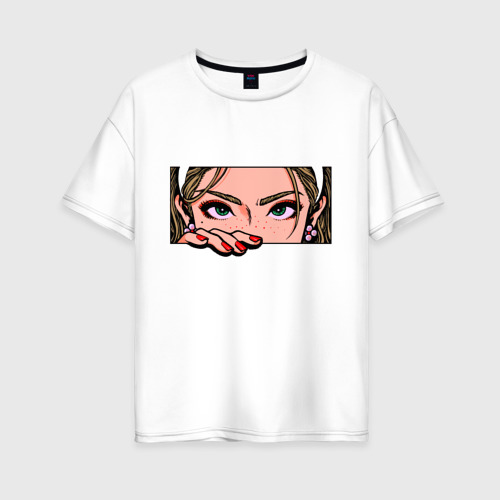 Женская футболка из хлопка оверсайз с принтом Взгляд красивой девушки — pop-art глаза, вид спереди №1