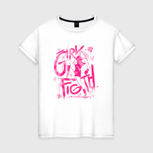 Женская футболка из хлопка с принтом Girl figth женская драка, вид спереди №1