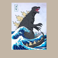 Мужской свитшот хлопок Godzilla in The Waves Eastern, Japanes monster - фото 2