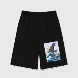 Женские шорты oversize футер хлопок Godzilla in The Waves Eastern, Japanes monster