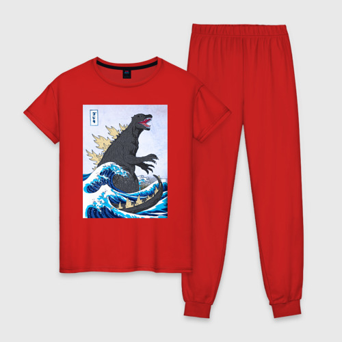 Женская пижама хлопок с принтом Godzilla in The Waves Eastern, вид спереди #2