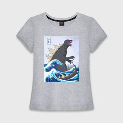 Женская футболка хлопок Slim Godzilla in The Waves Eastern, Japanes monster