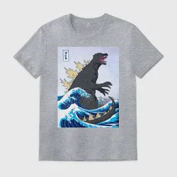 Мужская футболка хлопок Godzilla in The Waves Eastern, Japanes monster