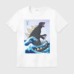 Мужская футболка хлопок Godzilla in The Waves Eastern, Japanes monster