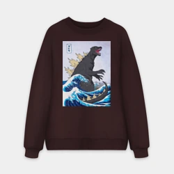 Мужской свитшот oversize без начеса хлопок Godzilla in The Waves Eastern, Japanes monster