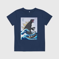 Детская футболка хлопок Godzilla in The Waves Eastern, Japanes monster