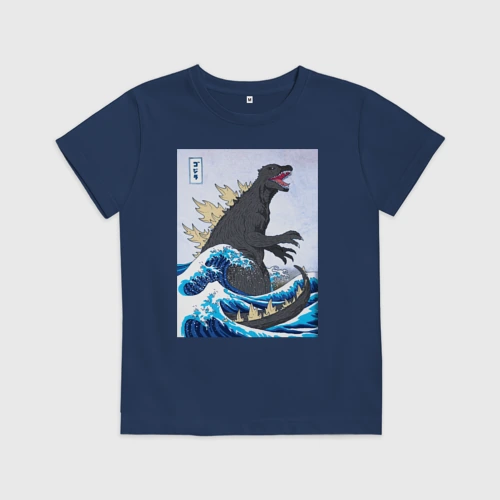 Детская футболка хлопок Godzilla in The Waves Eastern, Japanes monster