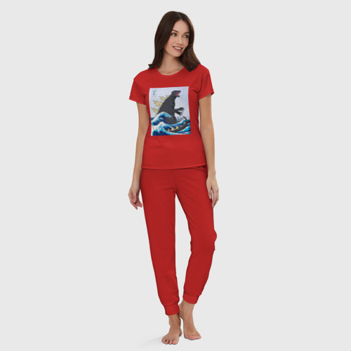 Женская пижама хлопок с принтом Godzilla in The Waves Eastern, вид сбоку #3