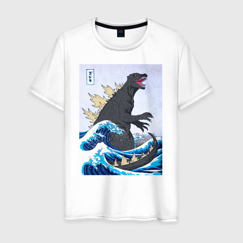 Мужская футболка из хлопка с принтом Godzilla in The Waves Eastern, Japanes monster, вид спереди №1
