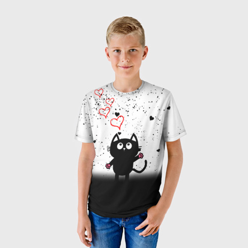 Детская футболка 3D Котик в тумане Сердечки, цвет 3D печать - фото 3
