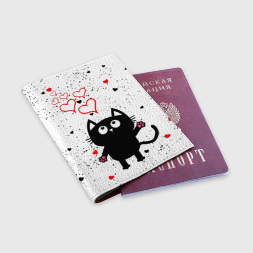 Обложка для паспорта матовая кожа Влюблённый котик Cat Love, цвет красный - фото 3