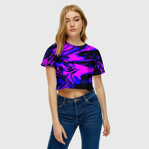 Женская футболка Crop-top 3D Неоновые разводы красок, цвет 3D печать - фото 3