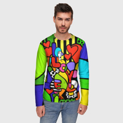 Лонгслив с принтом Romero Britto — love you для мужчины, вид на модели спереди №2. Цвет основы: белый