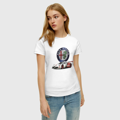 Женская футболка хлопок с принтом Alfa Romeo - motorsport, фото на моделе #1