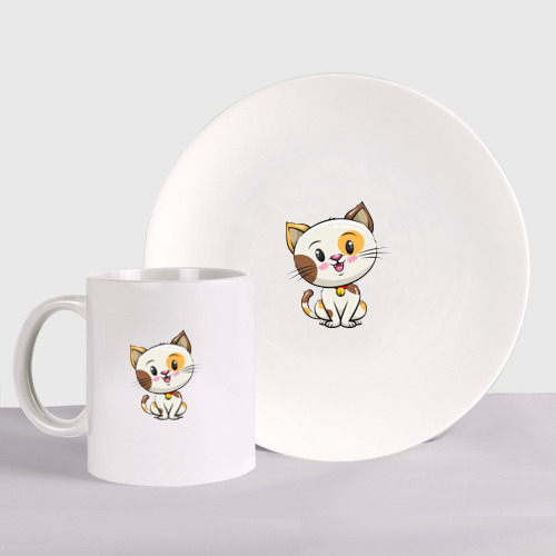 Набор: тарелка + кружка Пятнистый котик