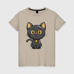 Женская футболка хлопок Черный маленький котенок